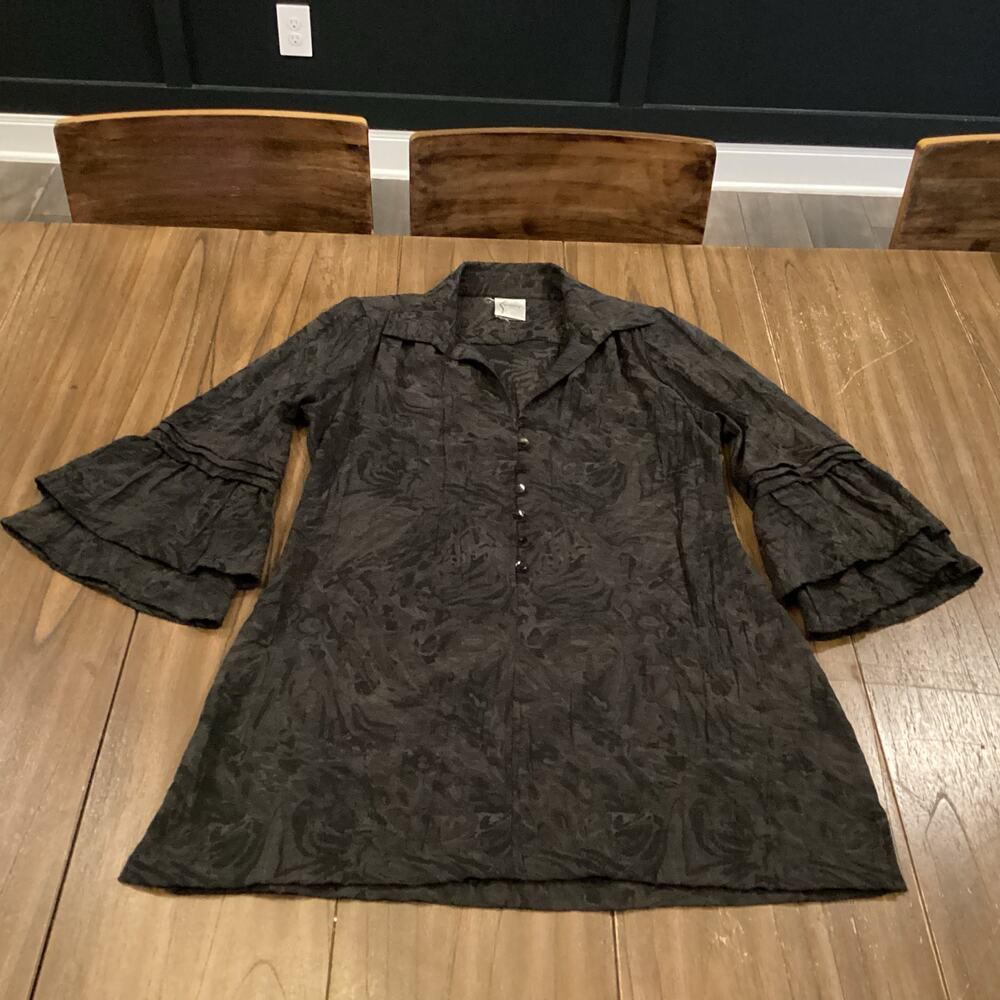 Anthropologie Finley Bradley Jacquard black gray long bell sleeve Tunic Shirt L